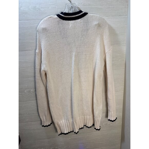 Ivory & Navy Open Front Cardigan Sweater With Button Closure & Pockets By Loft S - Picture 7 of 10